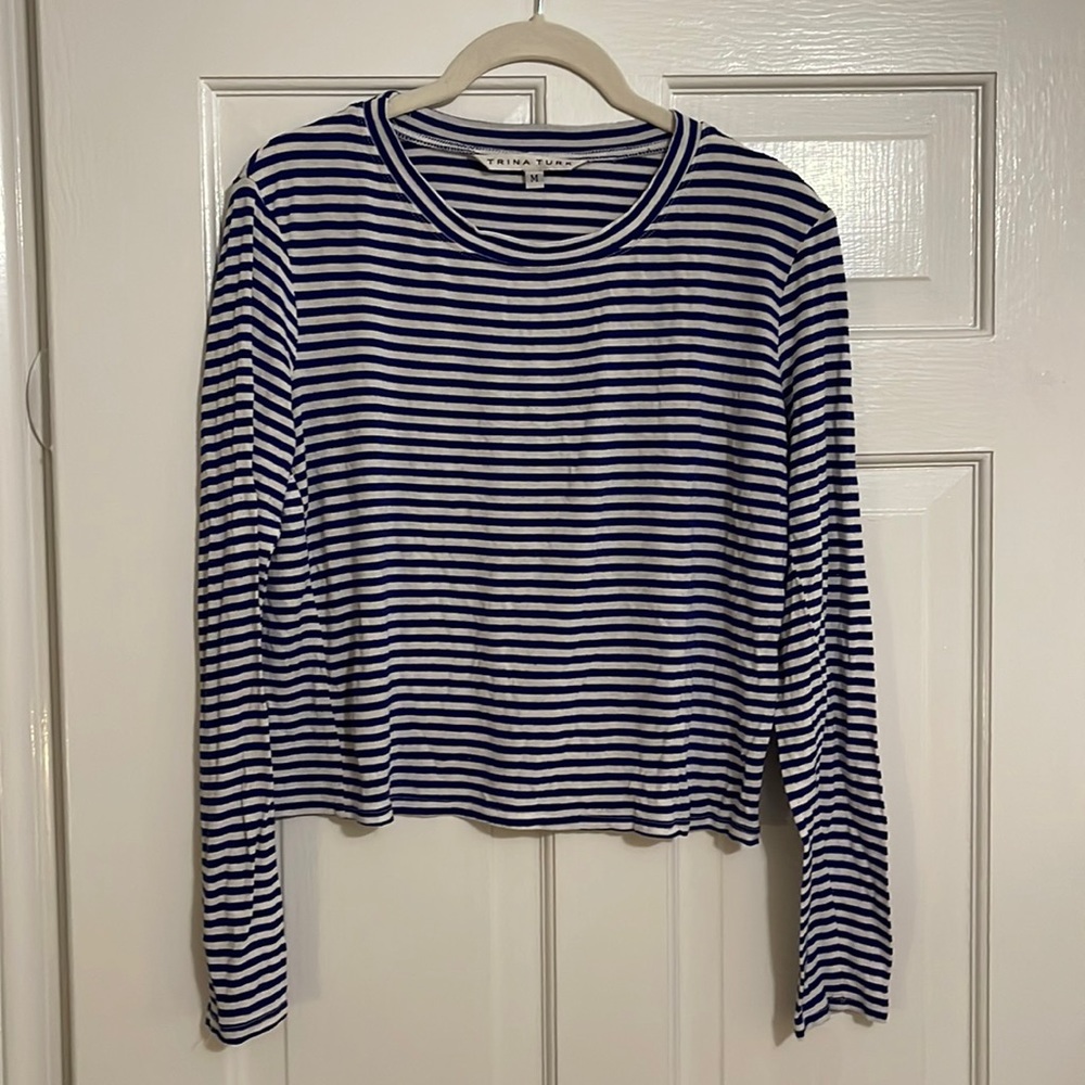 Trina Turk blue striped long sleeve t shirt size medium